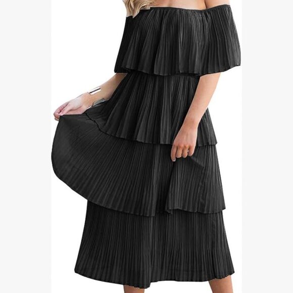 Worn 1x Off the Shoulder Black Pleated Dress - Picture 1 of 3